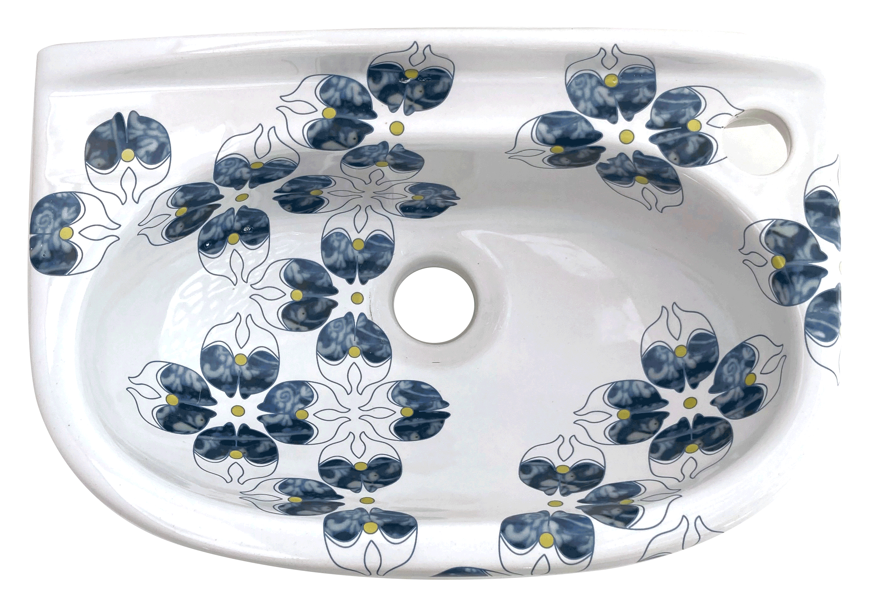 Design toiletfontein met grafisch patroon in blauwe en gele lijntekeningen