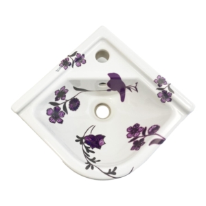 Design hoekfontein met vogel en bloemen in violet tinten door TATTOOtoilet, Esther Derkx